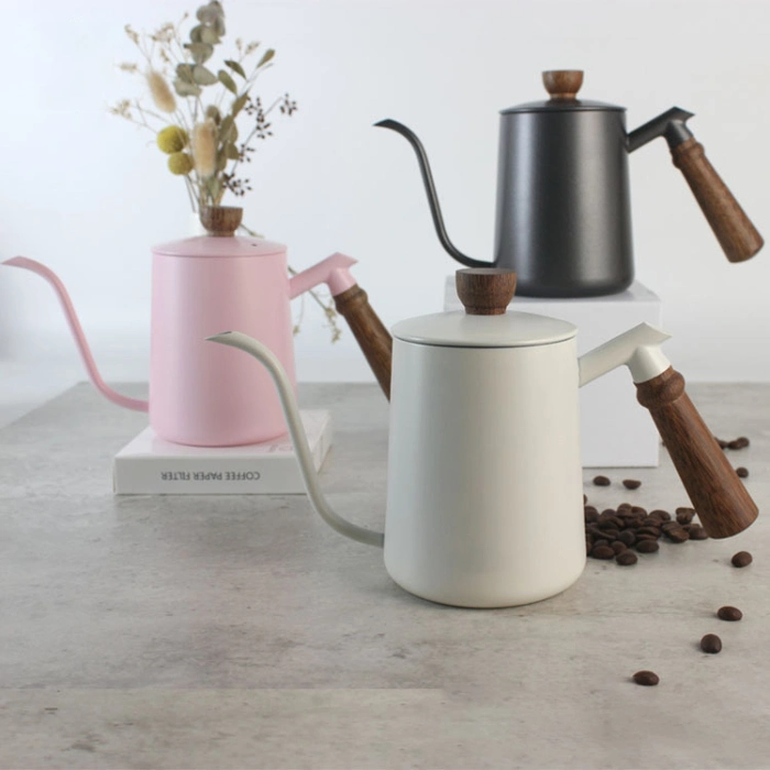 Amazon Hot Sale 600ml White Black Pink Stainless Steel Gooseneck Long Narrow Drip Spout Coffee Tea Pot with Wood Handle