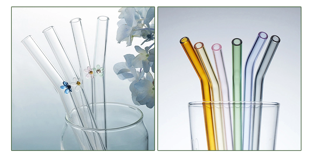 200*8mm High Borosilicate Reusable Colorful Transparent Straight Bent Beverage Curved Glass Straw Manufacturer